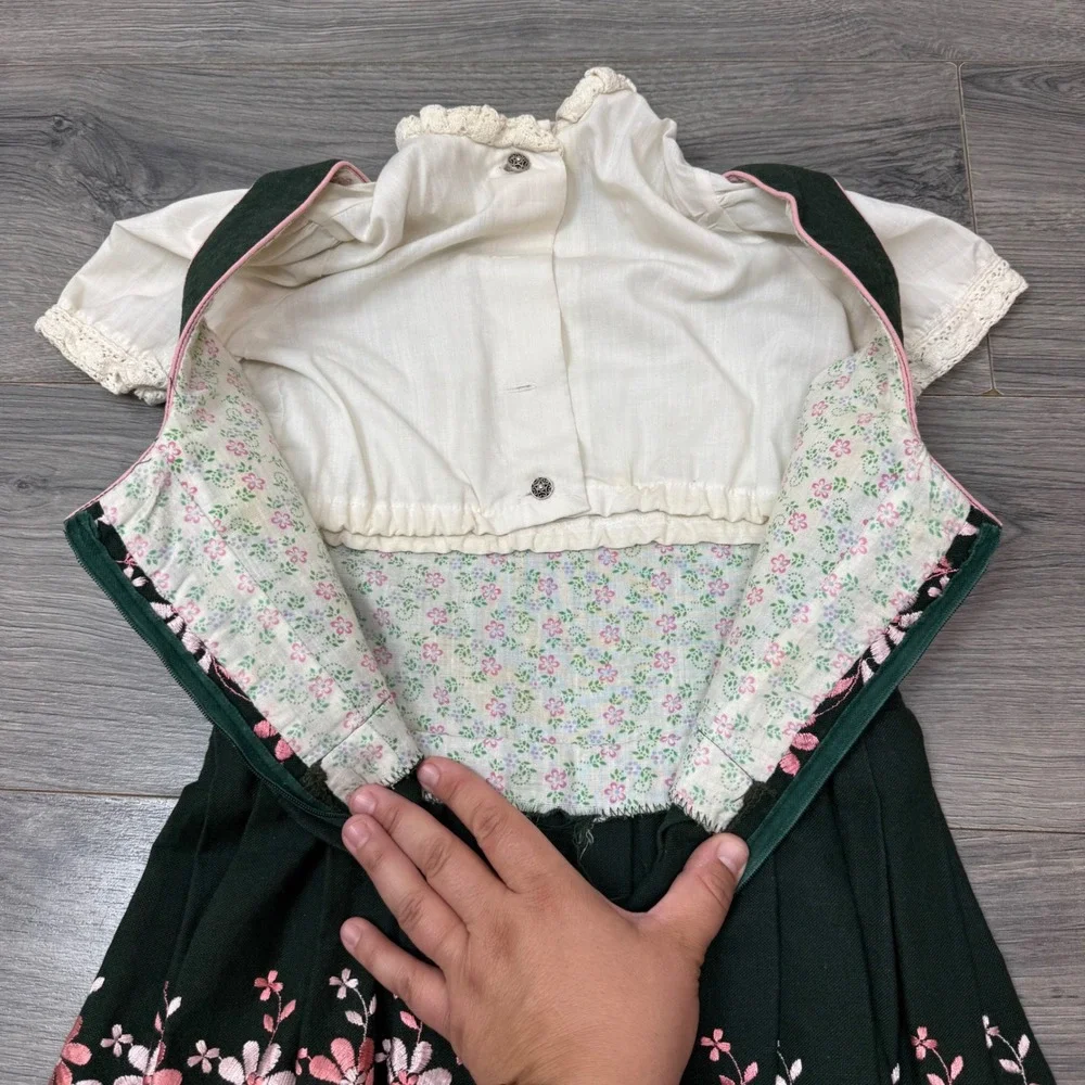 Vintage German Dirndl Set Kids Sz 6 Green Pink Floral Dress Apron Oktoberfest